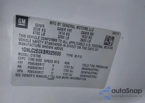 2011 Chevrolet Tahoe Commercial Fleet z USA, uszkodzony, nr VIN 1GNLC2E0XBR325690